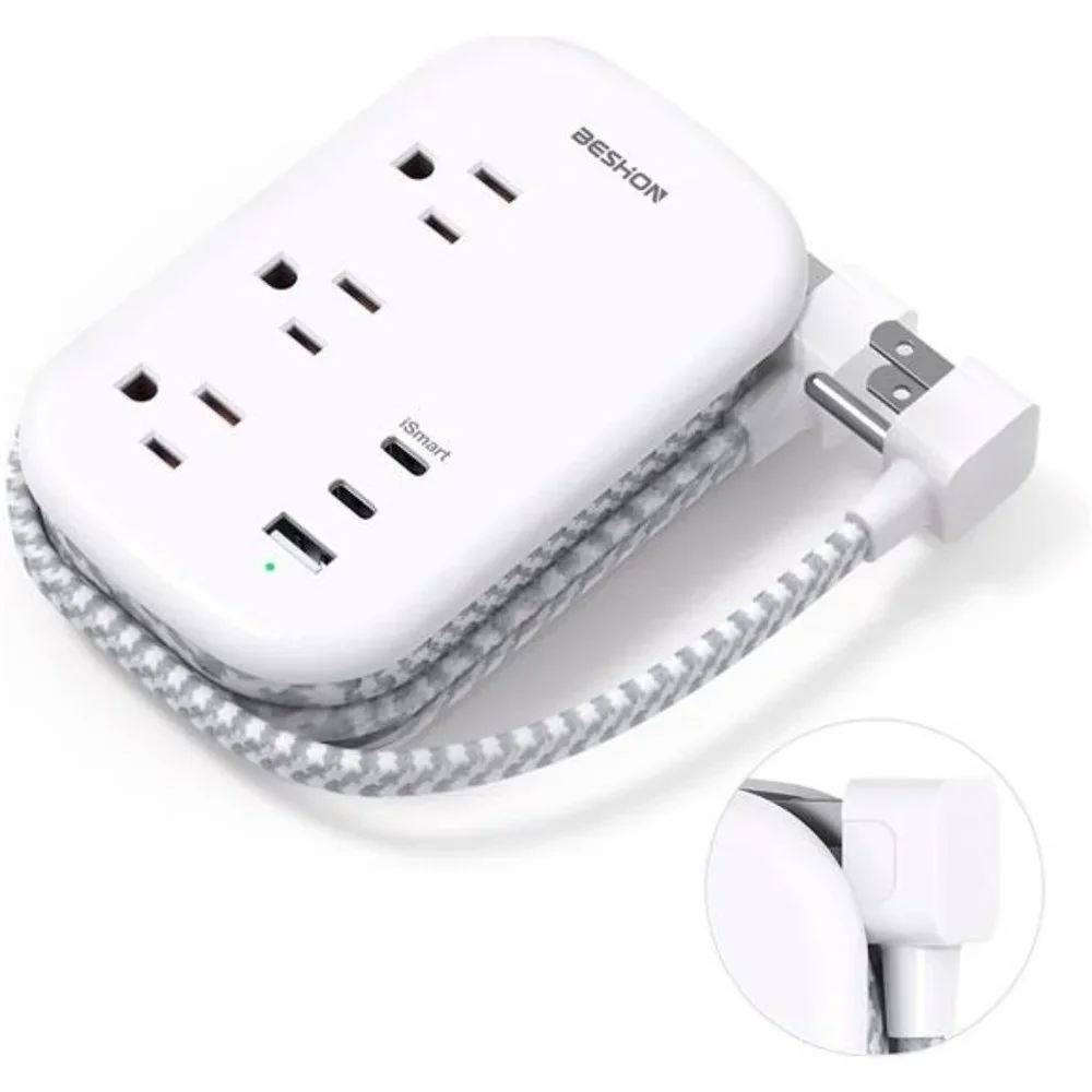 Flat Plug Power Strip, 3 Outlets with 3 USB Ports(2 USB C),3.2ft Extension Cord